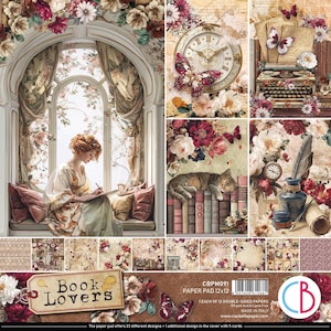 May include: A 12x12 inch paper pad titled Book Lovers featuring vintage-style illustrations of a person writing by a window, a cat sleeping on books, a typewriter, butterflies, flowers, and an inkwell with a quill pen on a textured brown background.