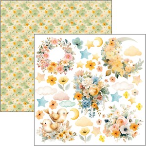Puede incluir: Papel de acuarela con un patr&oacute;n floral y varios elementos florales y celestiales. El dise&ntilde;o incluye una corona floral, ramos, estrellas, lunas, nubes y p&aacute;jaros en colores pastel. Ideal para scrapbooking y manualidades.