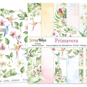 Primavera 12x12 Paper Pad - ScrapBoys Paper - 12 Double Sided Sheets + Cut Outs Scrapbook Spring Planner Cardmaking