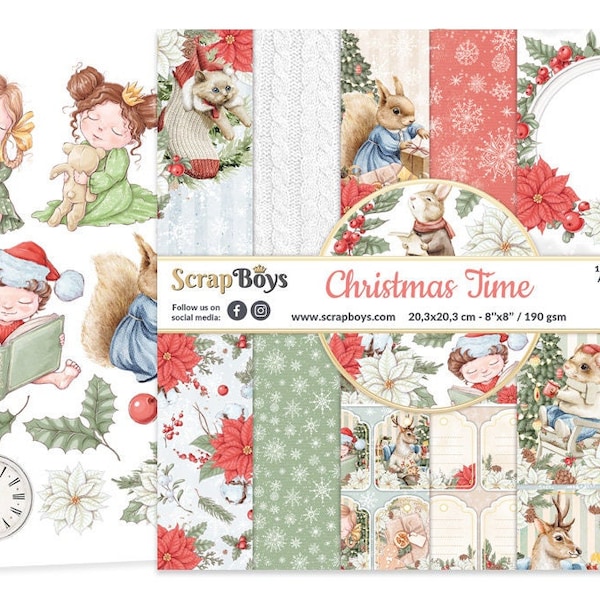 Christmas Time 8x8 Paper Pad - ScrapBoys Paper - 12 Feuilles Double Face + Découpes Scrapbook Planner Cardmaking