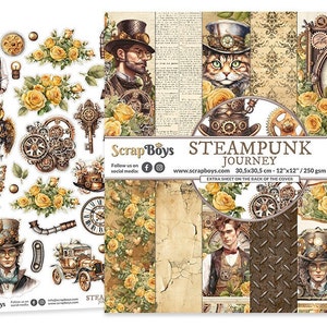 Steampunk Journey 12x12 Paper Pad - ScrapBoys Paper - 12 Double Sided Sheets + Extra Cut Outs Scrapbook Planner Cardmaking