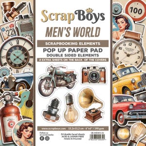 Men's World POP UP - ScrapBoys Paper - Scrapbook Elements & Embellishments 24 Double Sided Sheets 6x6 Pad Retro Planner Cardmaking