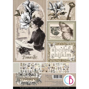 May include: A vintage-themed paper pad with illustrations of flowers, a key, a butterfly, and a woman at a typewriter. Text includes "Penman's Art" and "Typographic". The pad offers 17 design pages of ephemera elements.