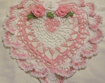 pink and white heart lace crocheted doily home decor handmade in USA original design