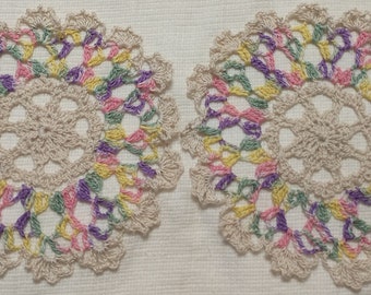 2 crocheted doilies colorful hand dyed colors made by Aeshagirl