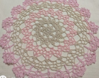 pink and ecru natural crocheted doily by Aeshagirl