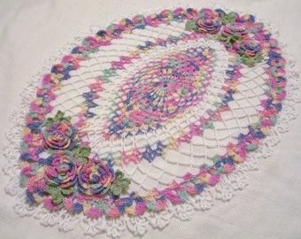 crocheted oval doily pastels and white handmade home decor roses