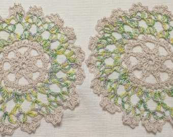 2 crocheted doilies colorful hand dyed colors made by Aeshagirl