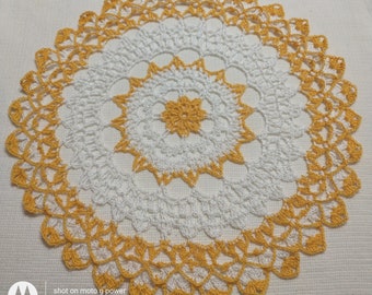 Yellow lace doily crocheted by Aeshagirl