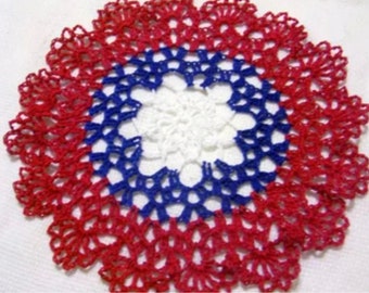 patriotic crocheted doily red white and blue crocheted and designed by Aeshagirl