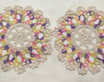 2 crocheted doilies colorful hand dyed colors made by Aeshagirl