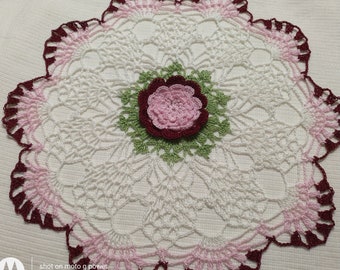 Pink burgundy white crocheted doily home decor handmade by Aeshagirl