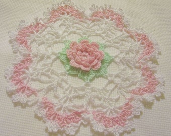 crocheted  doily pink and white home decor handmade in USA original design