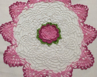 Pink and white crocheted doily home decor handmade by Aeshagirl