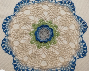 Blue and ecru crocheted doily home decor handmade by Aeshagirl