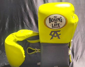 Handmade Leather Boxing Gloves: Custom Color, Size Yellow & Grey