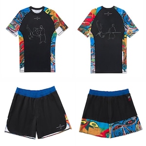 Könnte beinhalten: Schwarzes Sport-Shirt und -Shorts-Set. Das Shirt hat farbenfrohe abstrakte Kunst auf den Ärmeln und Seiten, mit einer Strichzeichnung von zwei Figuren. Die Shorts sind schwarz mit blauem Bund und farbenfroher Kunst an den Seiten. Für sportliche Aktivitäten.