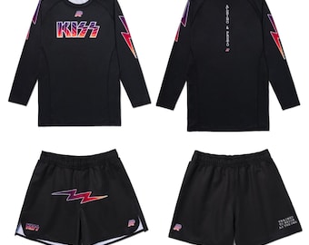 Uniforme de competição de kimono brasileiro Albino And Preto x KISS, modelo rash guard SS e short.