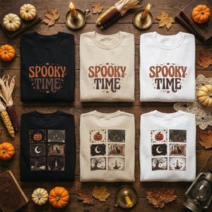 Może przedstawiać: Sześć bluz z okrągłym dekoltem w kolorze czarnym, beżowym i białym. Górny rząd zawiera napis SPOOKY TIME w kolorze pomarańczowym i brązowym. Dolny rząd przedstawia siatkę sześciu prostokątnych ilustracji z dyniami, kotem i nawiedzonym domem.