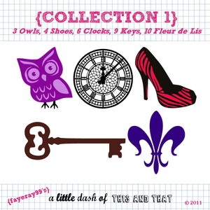 May include: A collection of digital illustrations featuring a purple owl, a black and red high heel, a clock, a key, and a fleur-de-lis. Text includes "COLLECTION 1" and item counts. The phrase "a little dash of THIS AND THAT" is also present.