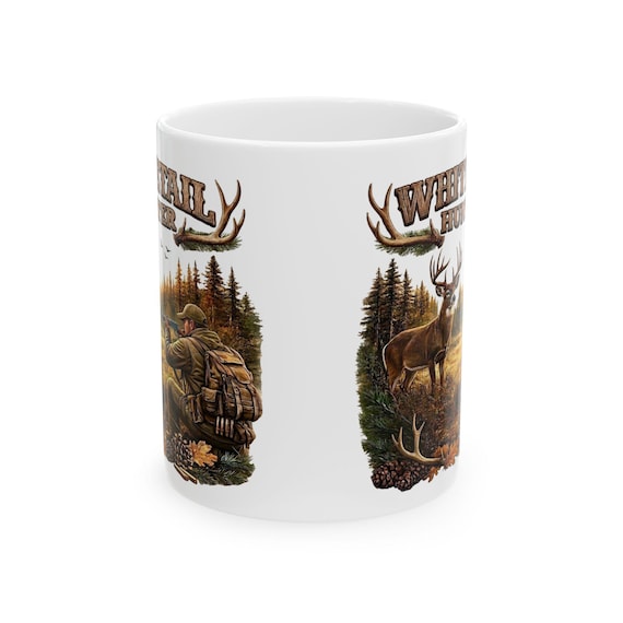 Whitetail Deer Hunting Scene Mug, Whitetail Buck and Rifle Hunter Coffee Cup additional view 10