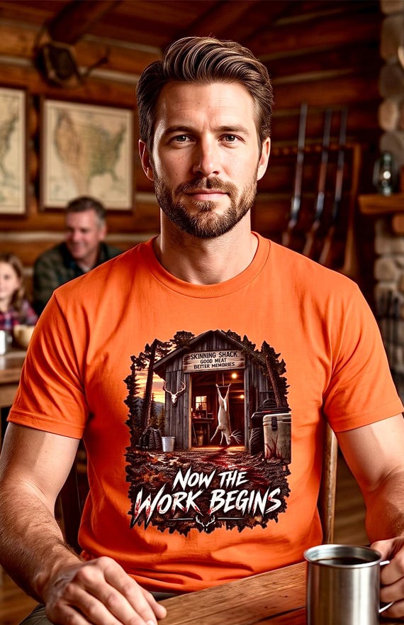 Now The Work Begins Skinning Shed Whitetail Deer Hunter Tee additional view 7
