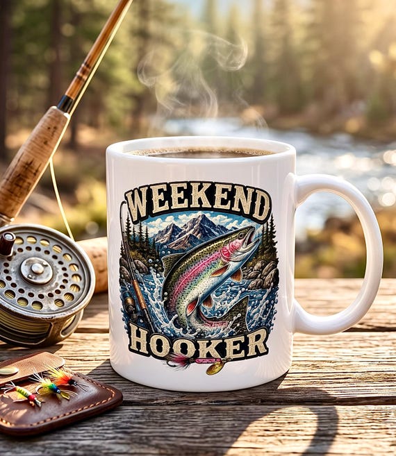 Funny Fishing Mug for Men, Rainbow Trout Fly Fishing Coffee Cup product photo