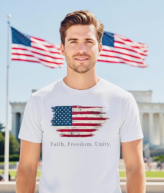 Faith Freedom Unity Distressed American Flag T-Shirt additional view 3