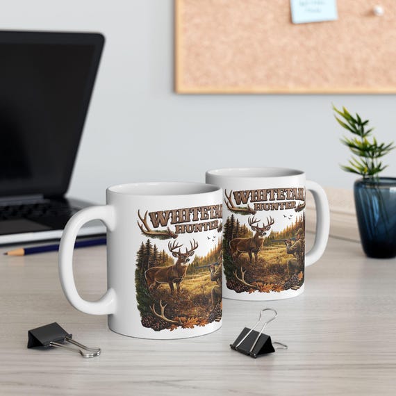Whitetail Deer Hunting Scene Mug, Whitetail Buck and Rifle Hunter Coffee Cup additional view 2