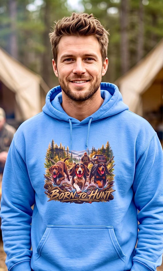 Born to Hunt Hoodie with coonhound hunting scene product photo