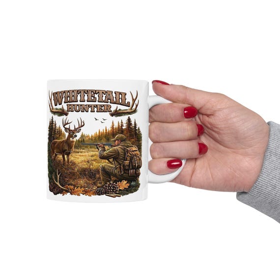 Whitetail Deer Hunting Scene Mug, Whitetail Buck and Rifle Hunter Coffee Cup additional view 9