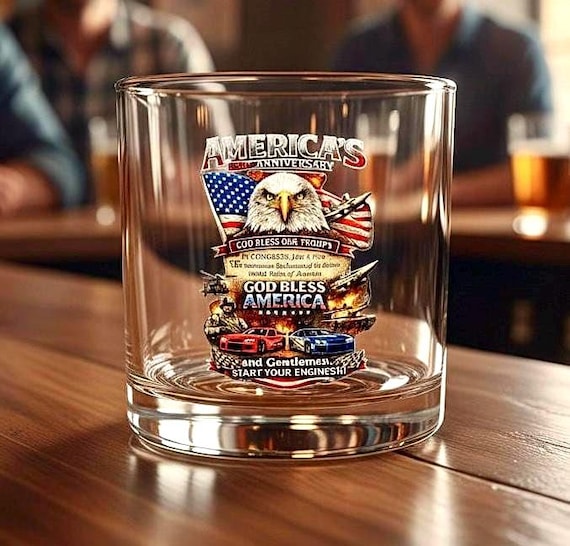 Patriotic Eagle 250th Whiskey Glass, God Bless America 10oz Rocks Barware product photo
