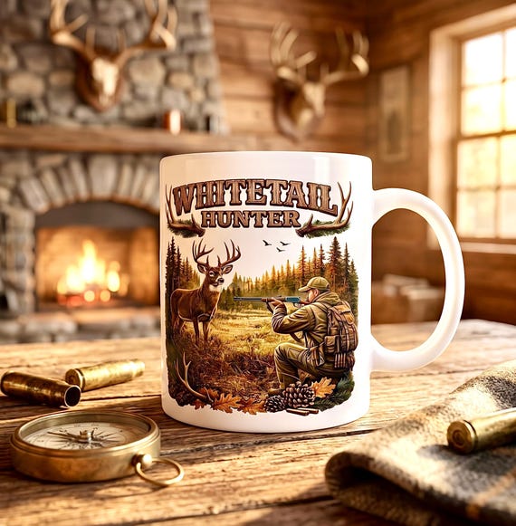 Whitetail Deer Hunting Scene Mug, Whitetail Buck and Rifle Hunter Coffee Cup product photo