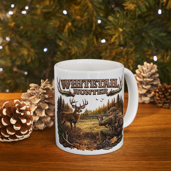 Whitetail Deer Hunting Scene Mug, Whitetail Buck and Rifle Hunter Coffee Cup additional view 6