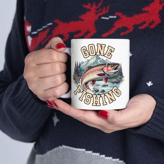 Gone Fishing Mug, Vintage Rainbow Trout Fly Fishing Coffee Cup additional view 4