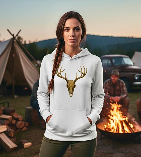 Whitetail Deer Skull Hoodie, Rustic Nature Graphic Long Sleeve Tee additional view 8