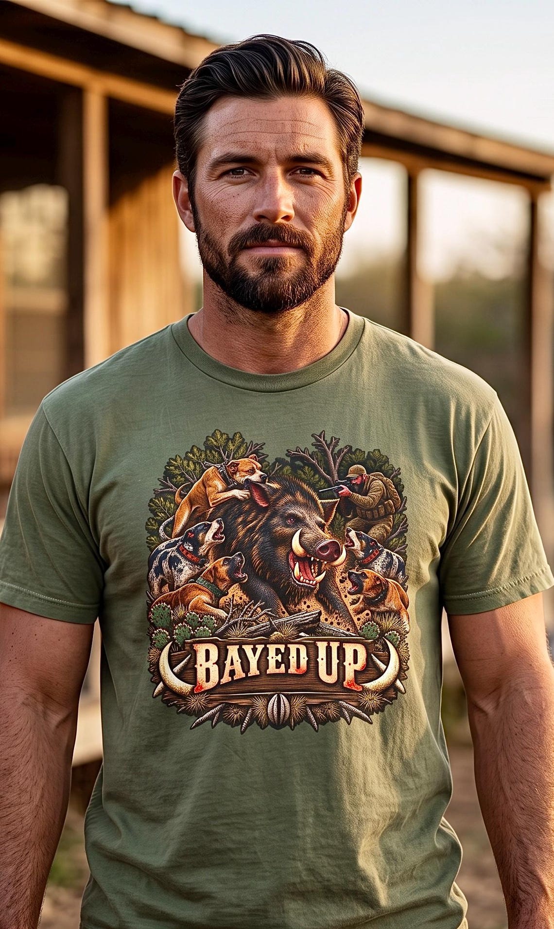Bayed Up Hog Hunting Tee wild boar catch dog product photo