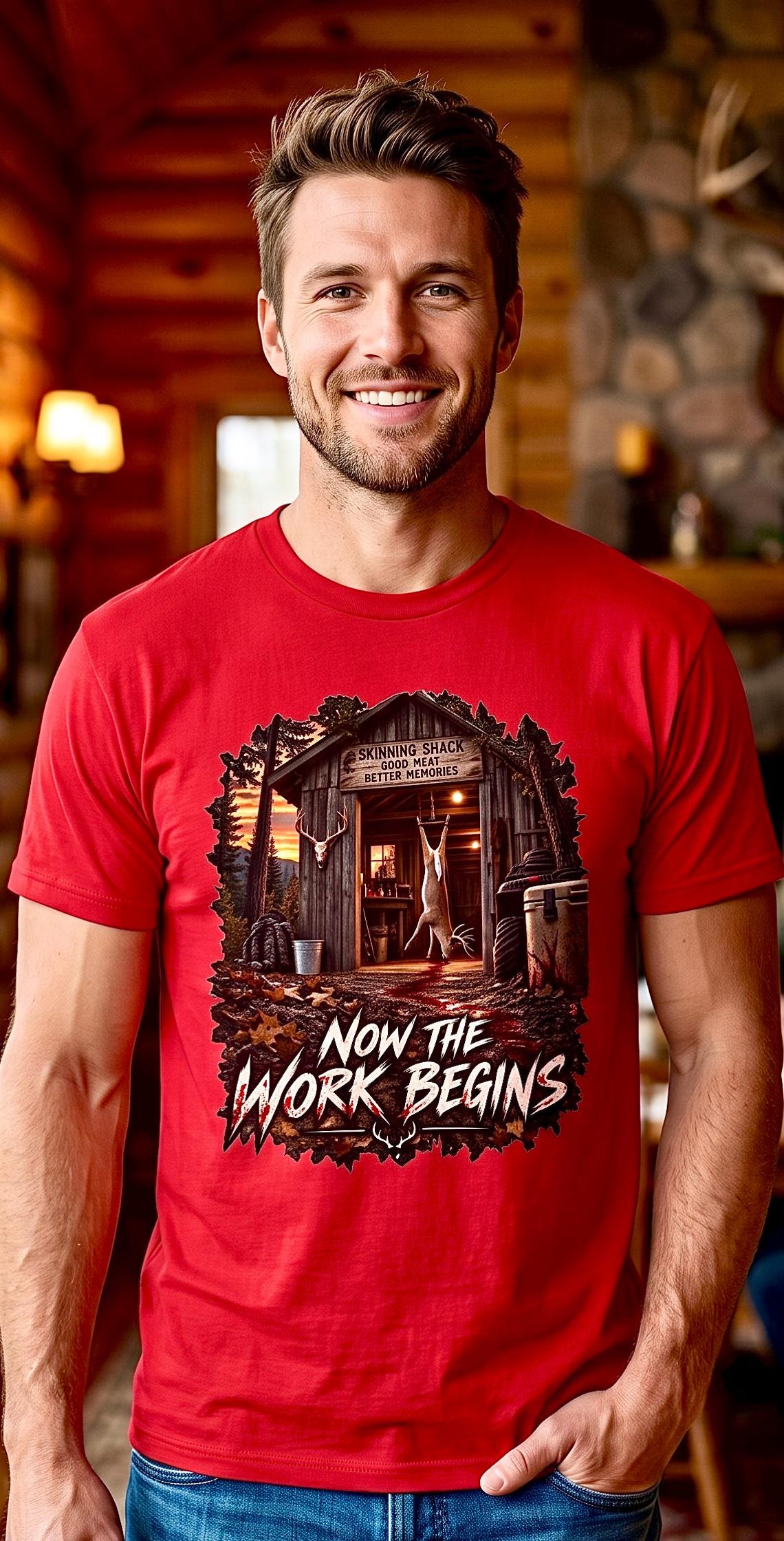 Now The Work Begins Skinning Shed Whitetail Deer Hunter Tee product photo