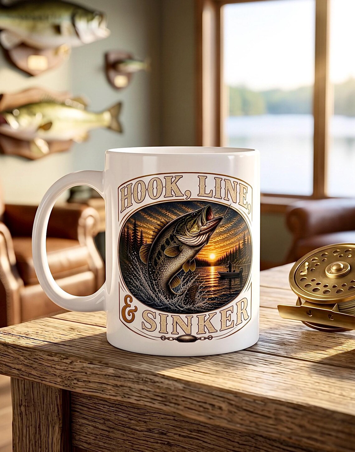 Trophy Bass Fishing Mug, Hook Line and Sinker Lake Sunset Coffee Cup, Bass Fisherman Gift for Dad Mom, Fishing Birthday Christmas Gift product photo