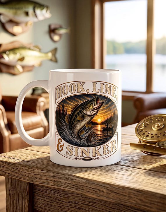 Trophy Bass Fishing Mug, Hook Line and Sinker Lake Sunset Coffee Cup, Bass Fisherman Gift for Dad Mom, Fishing Birthday Christmas Gift product photo