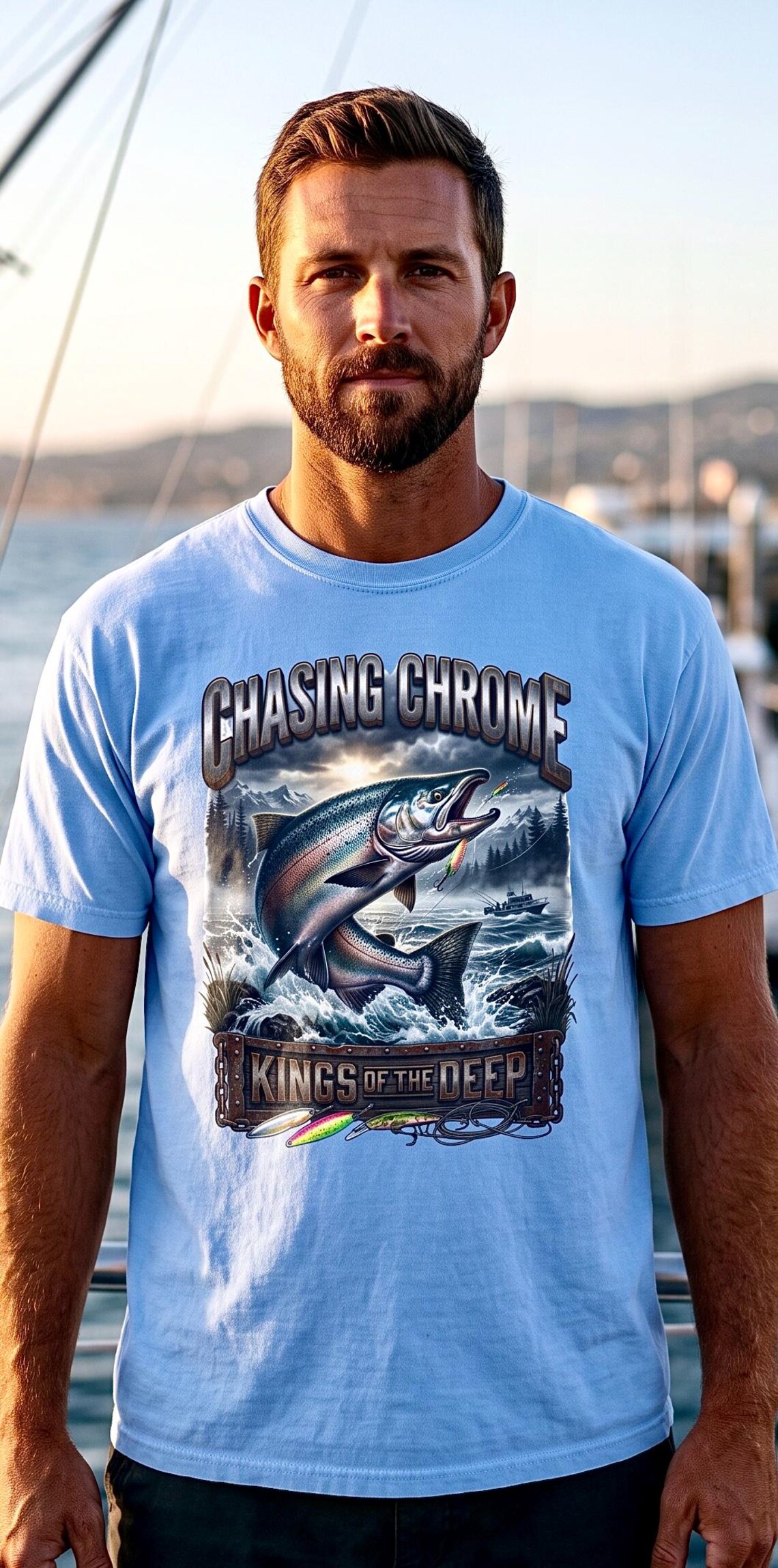 Salmon Chasing Chrome Kings Of The Deep Tee king salmon fishing shirt product photo