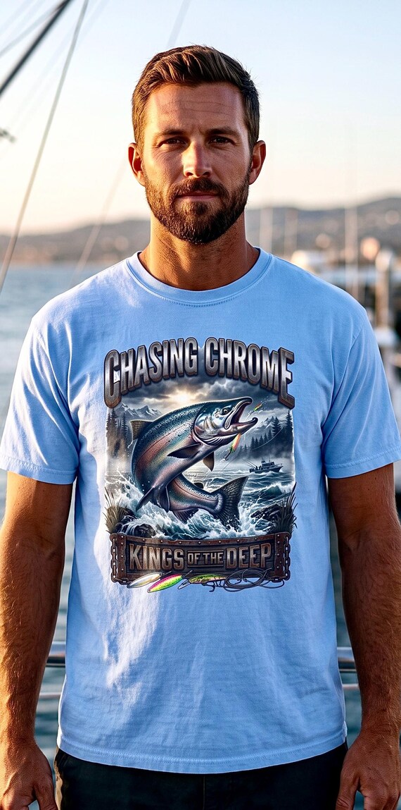 Salmon Chasing Chrome Kings Of The Deep Tee king salmon fishing shirt product photo