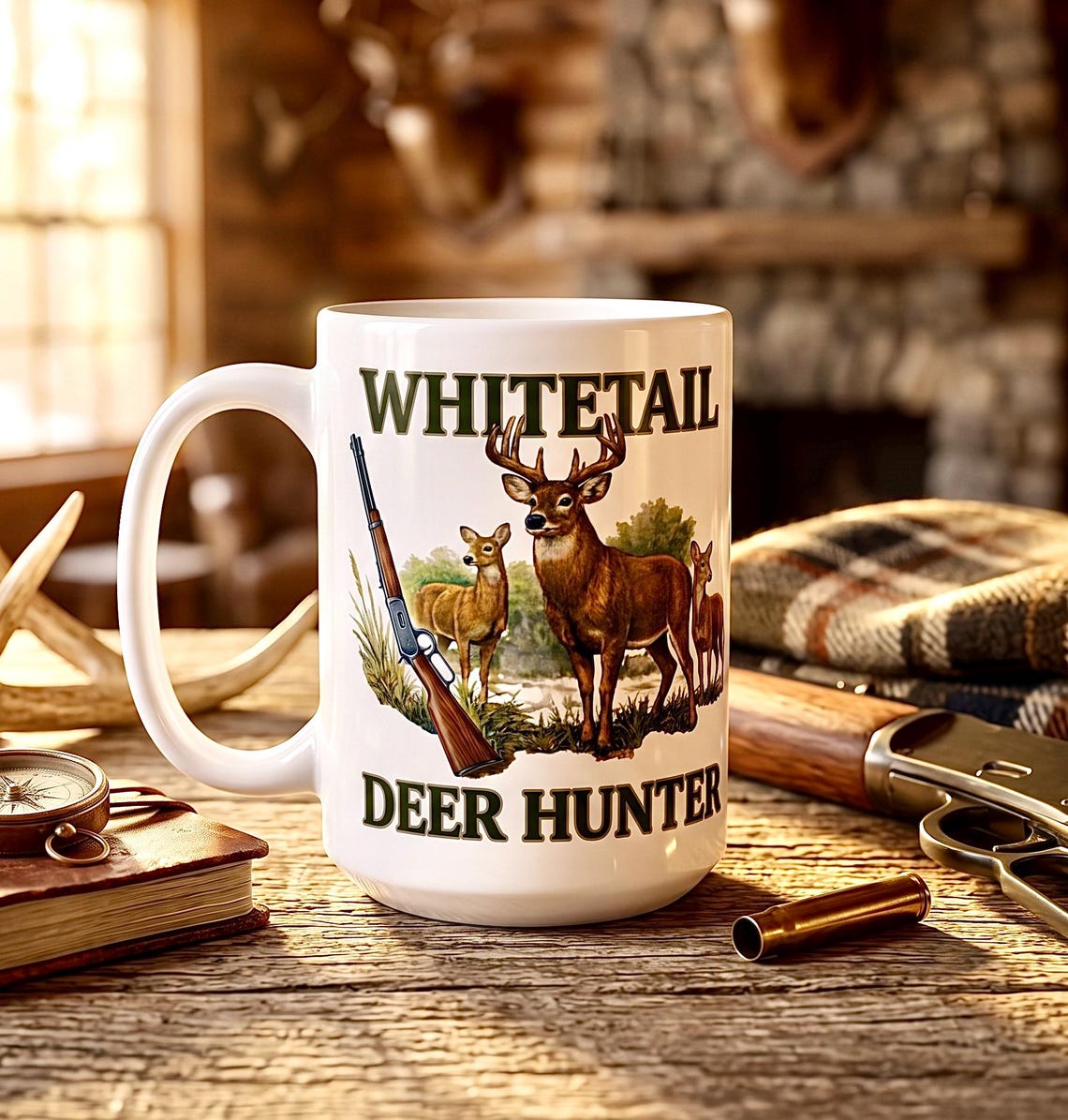 Whitetail Deer Hunter Mug, Buck and Rifle Hunting Coffee Cup product photo
