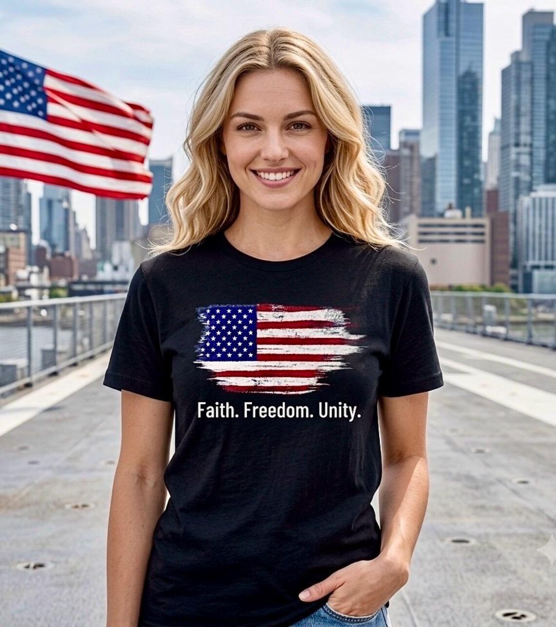 Faith Freedom Unity Distressed American Flag T-Shirt product photo