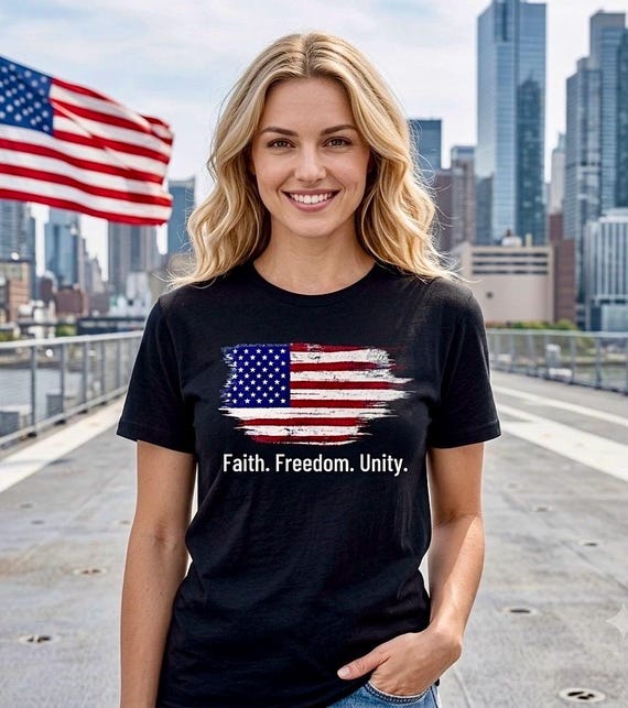 Faith Freedom Unity Distressed American Flag T-Shirt product photo