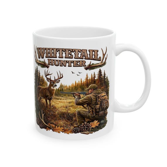 Whitetail Deer Hunting Scene Mug, Whitetail Buck and Rifle Hunter Coffee Cup additional view 7