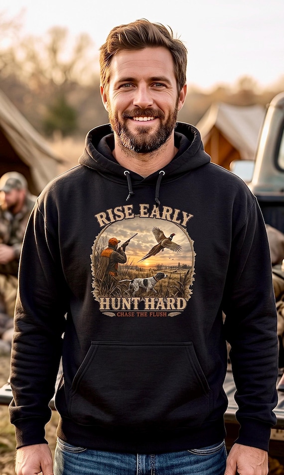 Rise Early Hunt Hard Hoodie, Vintage Pheasant Hunting Sweatshirt, Upland Bird Hunter Gift, Hunting Birthday Christmas Gift additional view 2