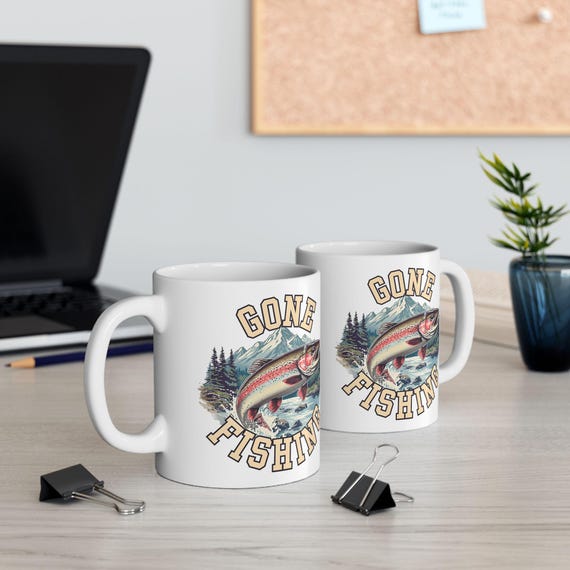 Gone Fishing Mug, Vintage Rainbow Trout Fly Fishing Coffee Cup additional view 2