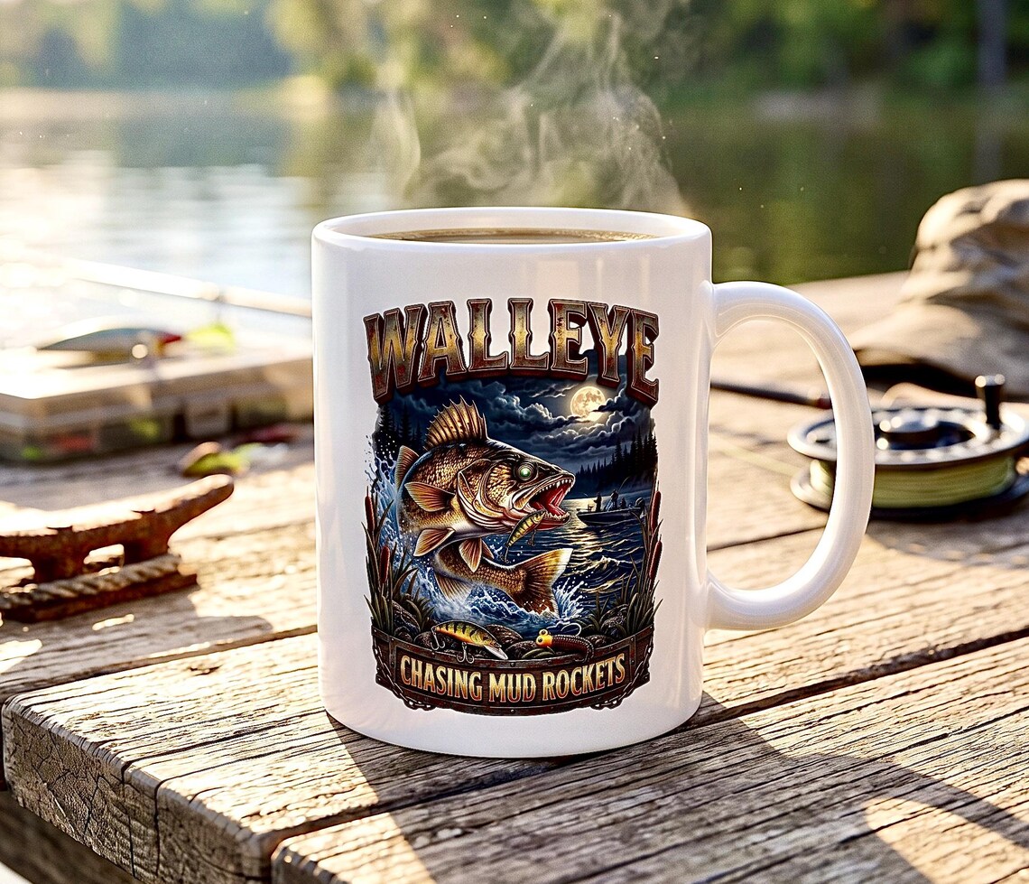 Walleye Chasing Mud Rockets Mug night walleye fishing coffee cup product photo