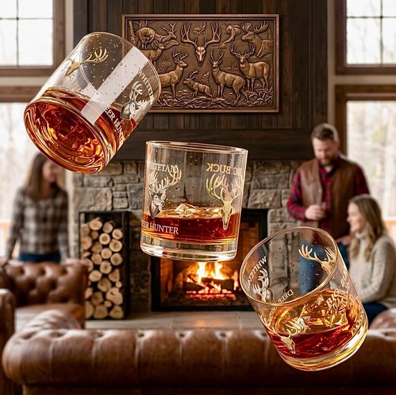 Whitetail Deer Whiskey Rocks Glass, 10oz Hunter Barware additional view 8